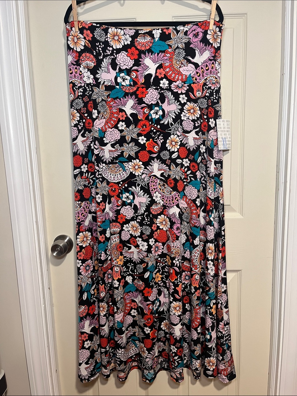 LuLaRoe Black Maxi Skirt with Pink, Red, Teal and Cream Floral Print